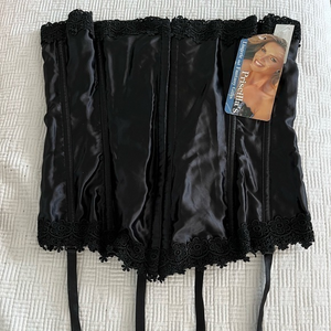 PRISCILLA COLLECTION Corset NWT‎ Black Satin/Lace Front Hook & Eye and Back L…